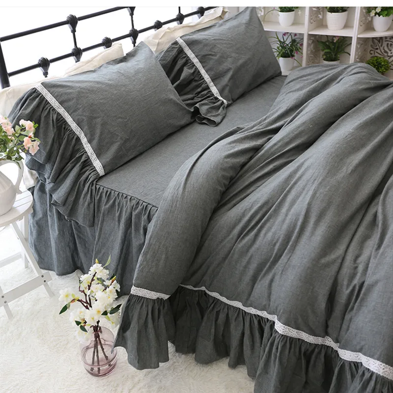 

Free shipping washe cotton princess big ruffles bedding set twin full queen king size Nordic style dark gray bed skirt YYX