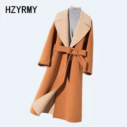 Hzyrmy Invierno Nueva Mujer Abrigo de Lana de Cachemira con Cuello en V Suelto Calidad Del Cordón Largo Grueso Doble Cara Tela de Lana Suave Abrigo Femenino Hzyrmy Invierno Nueva Mujer Abrigo de Lana de Cachemira con Cuello en V Suelto Calidad Del Cordón Largo Grueso Doble Cara Tela de Lana Suave Abrigo Femenino