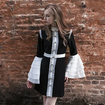 

2018 autumn new hit color petal trumpet flare long-sleeve dress female personality trend bodycon A-line mini short black vestid