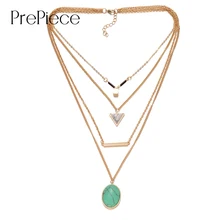 PrePiece Natural Turquoise Triangle Alloy Bar Pendant Multi Layer Necklace Gold Plated 2016 New Vintage Bohemian Jewelry PN0224