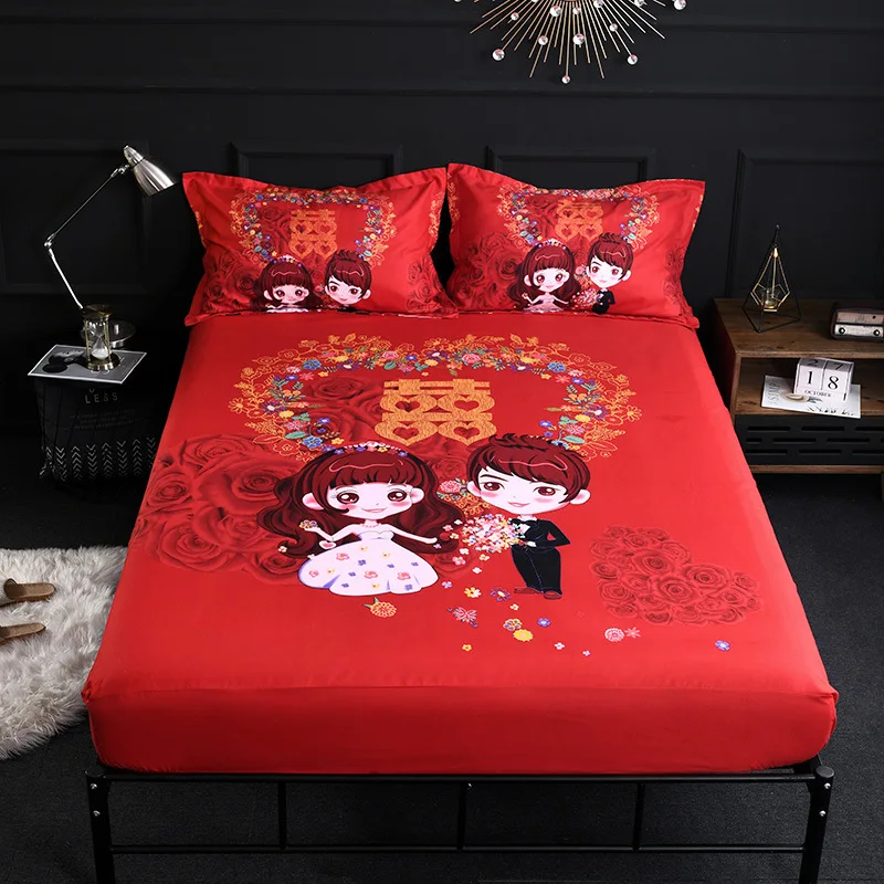 

Happy Wedding Bed Sheet 1 Piece 100% Polyester Fitted Sheet For Single Double Bed Kids Adults XF655-7