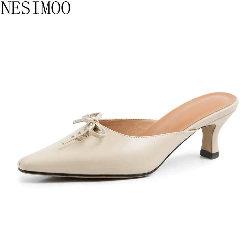 

NESIMOO 2019 New Spring Fashion Genuine Leather High Heel Pointed Slip On Toe Basic Women Shoes Sandals Slingback Size 34-39