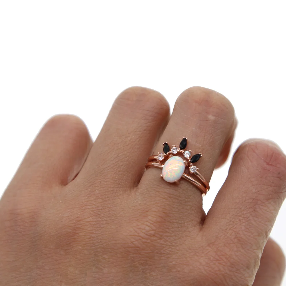 delicate Jewelry Wholesale Rose Gold Color white Opal Wedding Crystal Ring for Women Gift Drop Shipping 2pc ring set stackable|Кольца для