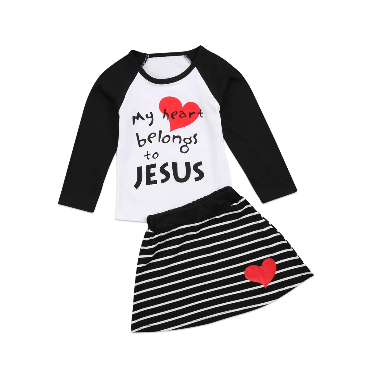 

2018 Cotton Newborn Baby Kid Girls Long Sleeves Tops Jesus T-Shirt Stripe Skirt Lovely Heart Outfits Set Clothes