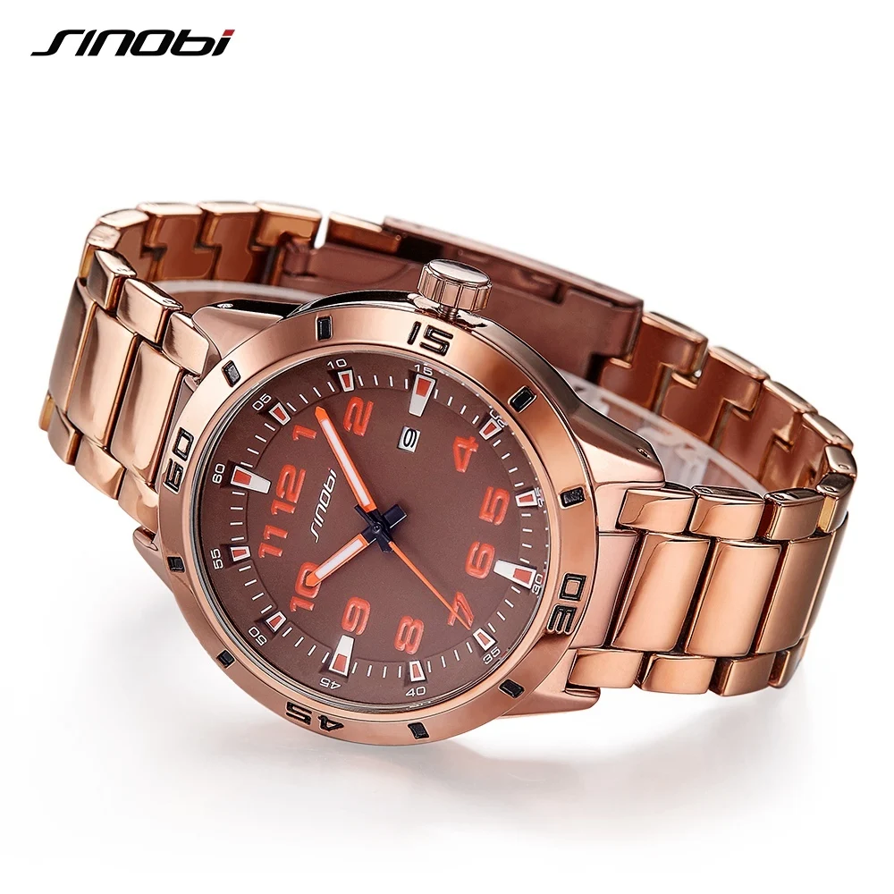 SINOBI Business Men Watches Steel Chain Unique Dial Hour Minute Display Brown Color Quartz Wristwatch Leisure Relogio Masculino