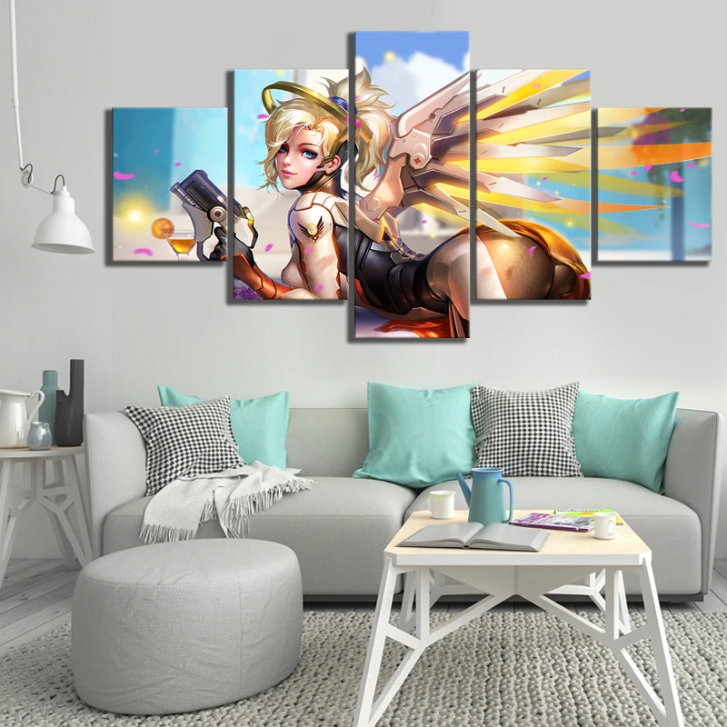 

Canvas Painting 5 Pieces Overwatch Mercy Game Poster Home Decorative Wall Art Canvas Printed Pictures Modern Artwork Cuadros