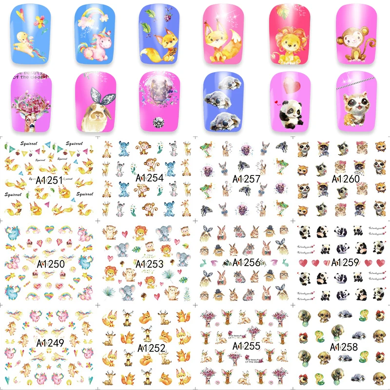 

YZWLE Mixed 12 Designs/Sheet Nail Art Water Sticker Dog Rabit Monkey Animal Nail Decals Polish Gel DIY Beauty A1249-1260