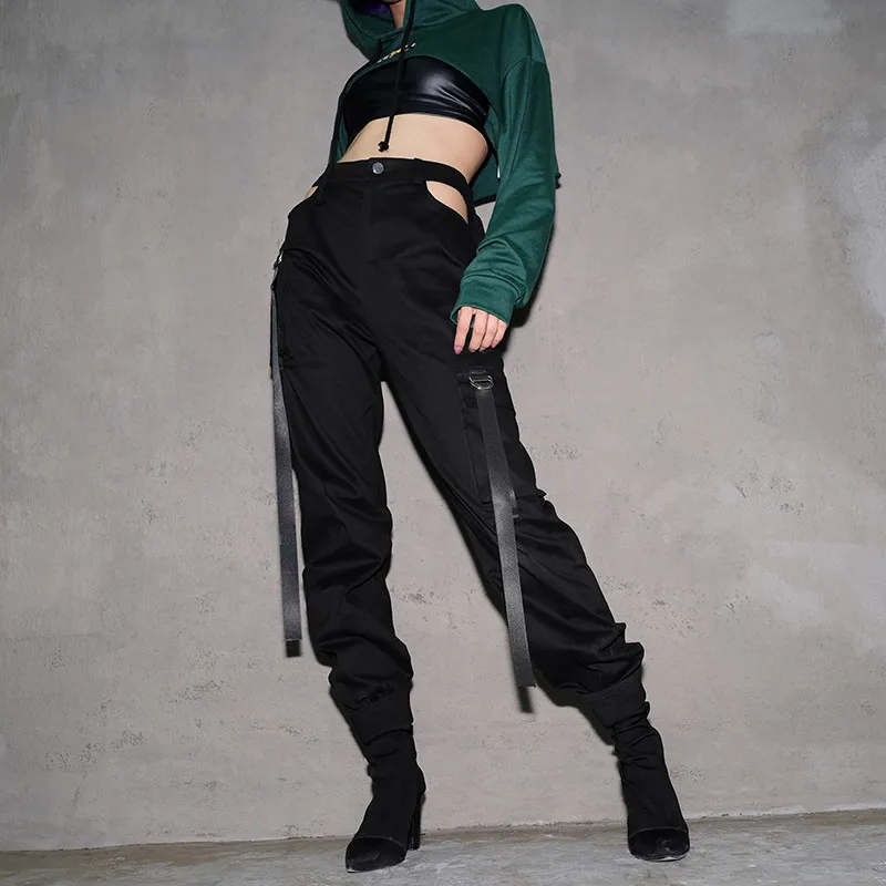 2018 Women Sexy Waist Cut Out Pants Ribbons Cargo Trousers Punk Hip Hop ...