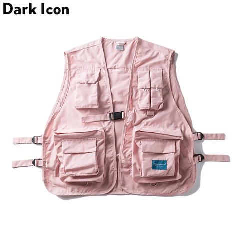 Bolso do Colete Sólida dos Homens Ícone Escuro Militar Multi Colete Hip Hop Homens 2019 Hi end da Moda Cor Fivela Colete Streetwear