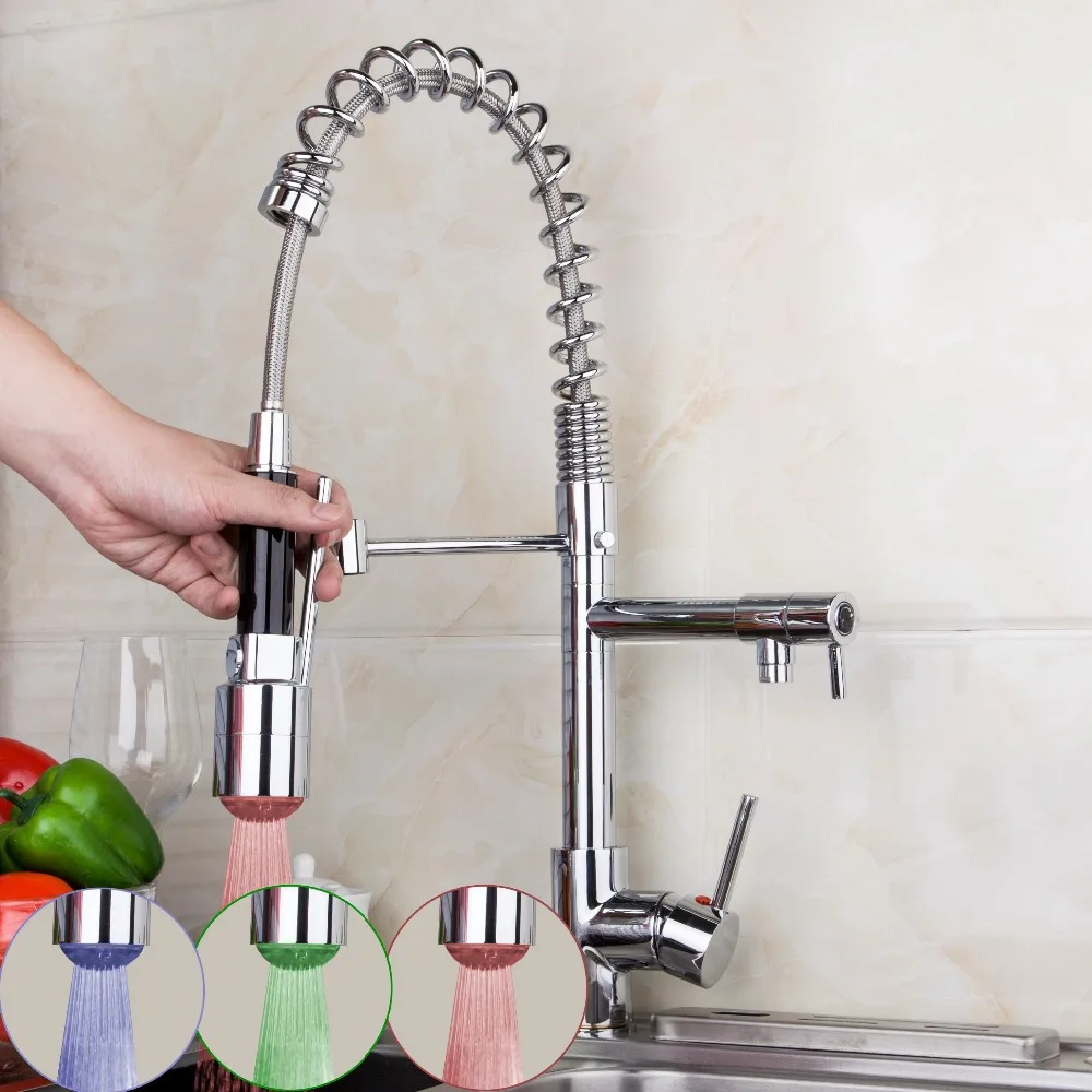 OUBONI Contemporary Deck Mounted Polished Chrome Kitchen LED Pull Out And Down Faucet Tap