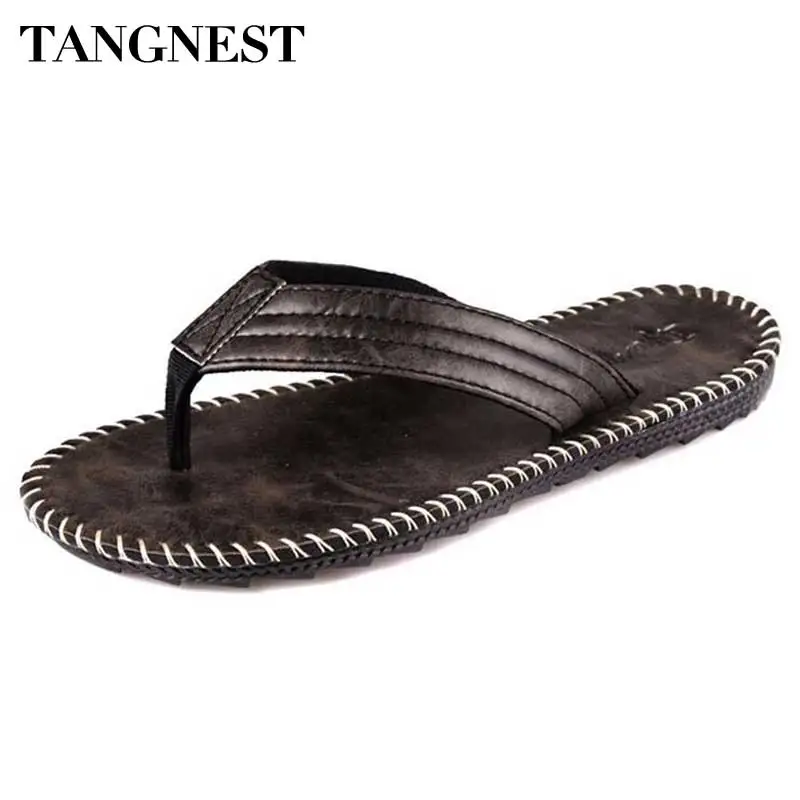 

Tangnest Men Pu Leather Slippers 2018 Summer New Men Sandals Fashion Man Beach Flip Flops Soft PVC Flat Shoes Man Brown XMT195