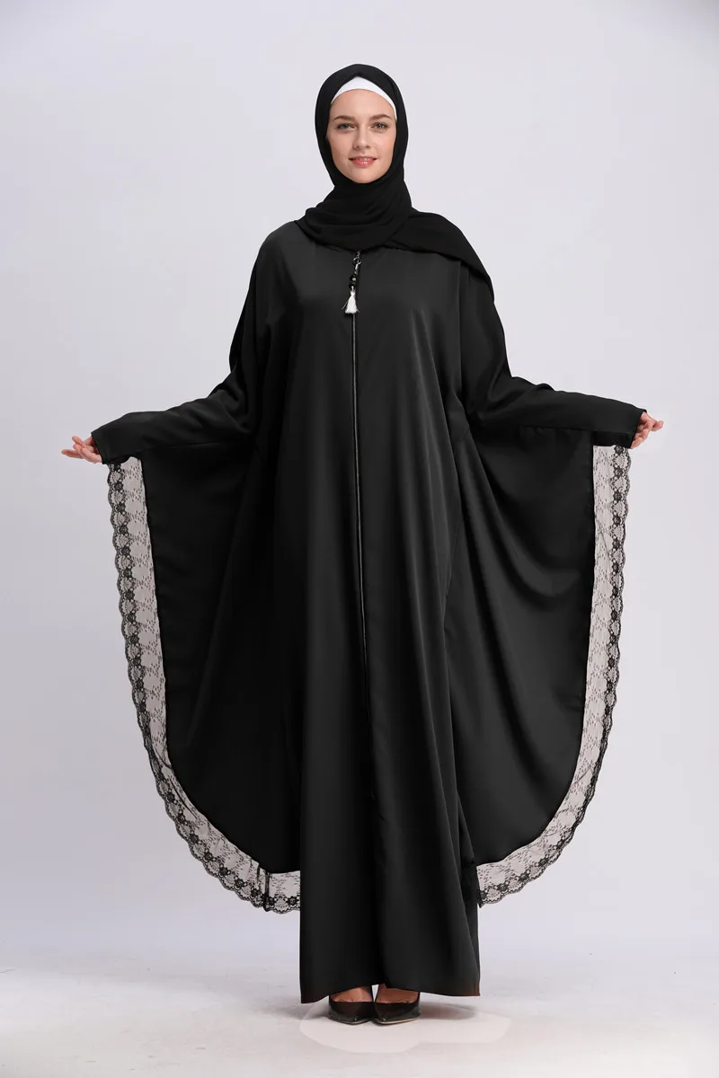 Jilbabe Femme Musulmane модное женское Ассиметричное платье с рукавом летучая мышь размера плюс женское мусульманское платье кружевное длинное исламское платье - Цвет: black