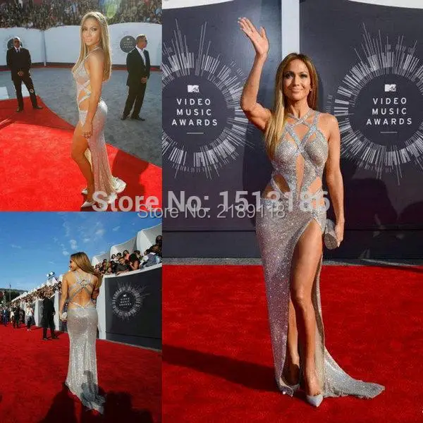 Jennifer-Lopez-2016-Luxury-Sexy-Prom-Dresses-with-Criss-Cross-Straps-Split-Sequined-Silver-Red-Carpet