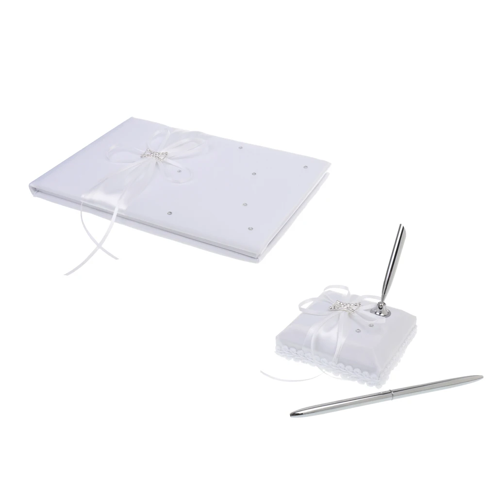 White Wedding Guest Register Comment Book Silver Pen Set Crystal Bow Ribbon
