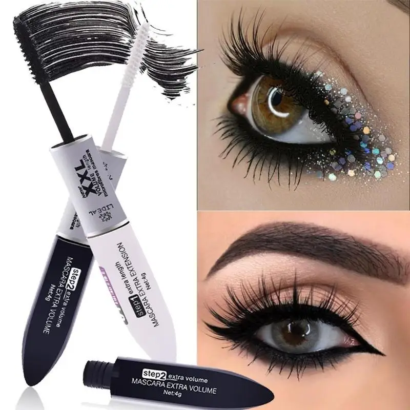 

Mascara 2 In 1 Black Mascara Waterproof Silk Fiber Volume Double Effect Long Lasting Curling Eye Makeup Waterproof Mascara