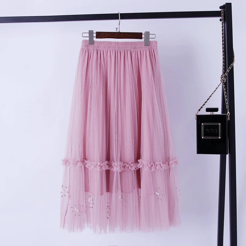 

TingYiLi Beading Ruffle Tulle Skirt Black Beige Gray Pink Long Skirt Korean Style Cute Women Skirt Pleated