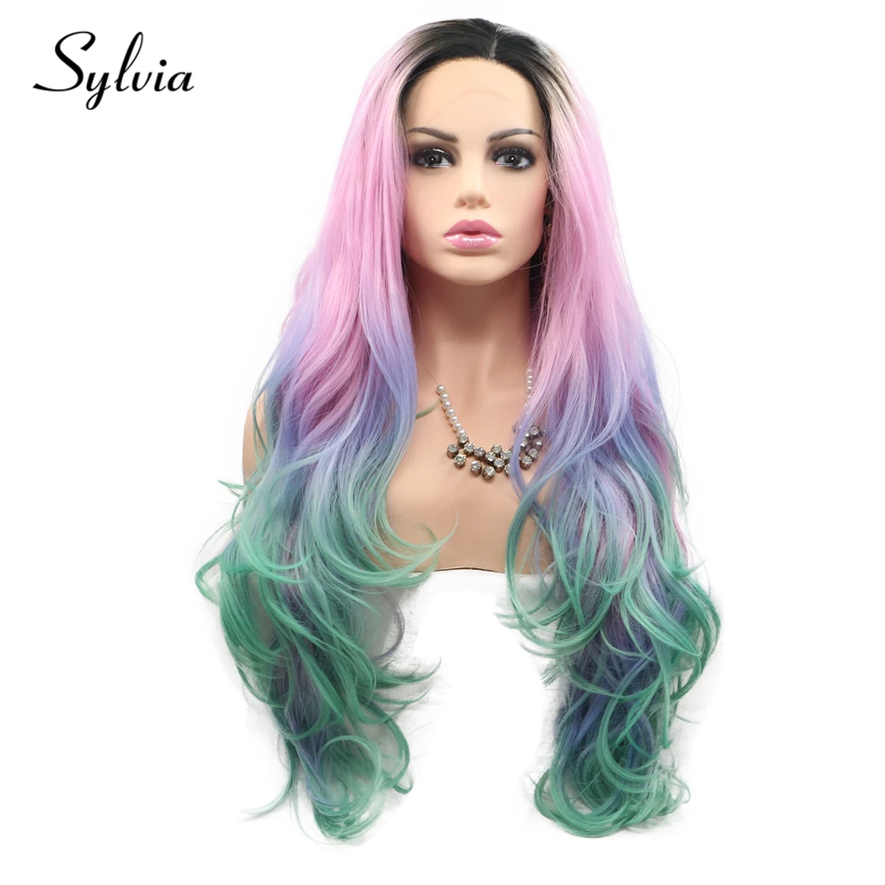 

Sylvia Green Pink Ombre Multi Color Synthetic Lace Front Wig Dark Root Body Wave Middle Part Heat Resistant Fiber Hair For Women