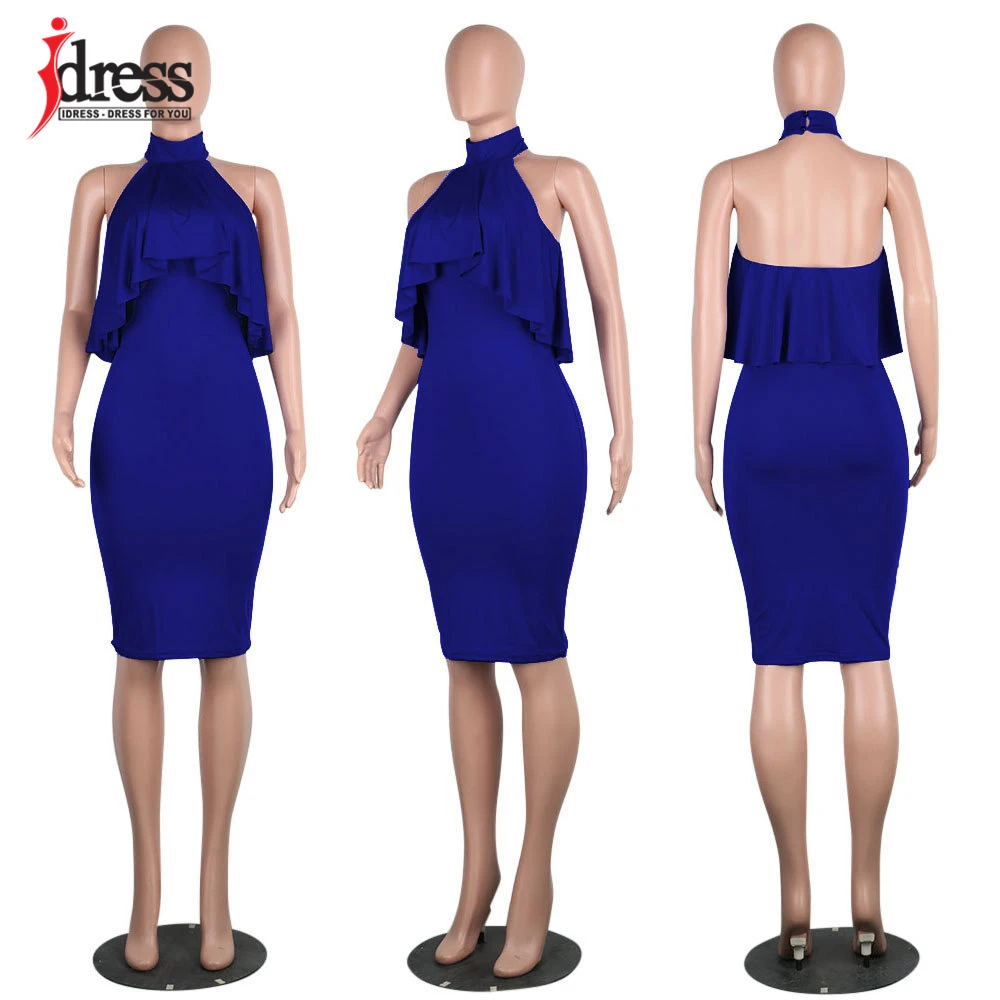 IDress Black Blue Green Red Dress Summer Women's Sexy Ruched Off Shoulder Halter Neck Bodycon Club Lotus Collar Midi Dress (4)
