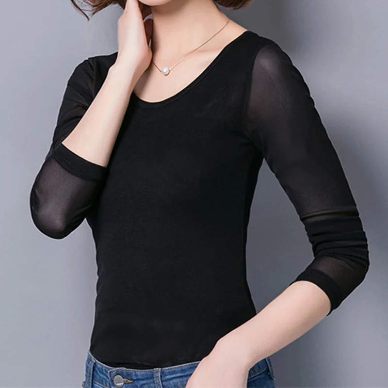 

Fashion Women T Shirt Mesh Tops Long sleeve Tee slim ladies O-Neck T-shirt 2018 Summer T Shrits elegant women's clothing SS197