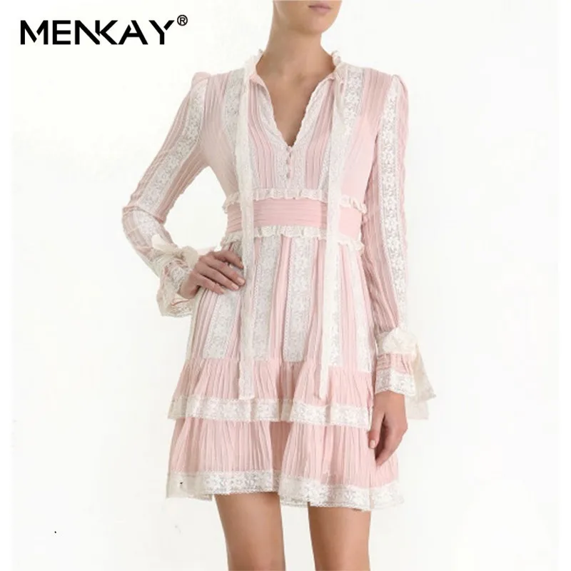 

[MENKAY] Pink Lace Mini Dress Women ZIM New Sweet Sash Bow Long Sleeve Ruffle 2019 Summer Female Beach Dresses Fashion Female