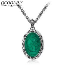 Ожерелья с зеленым камнем, тибетский серебряный кулон для женщин, Овальный дизайн, простой стиль, женское античное серебро, имитация металла