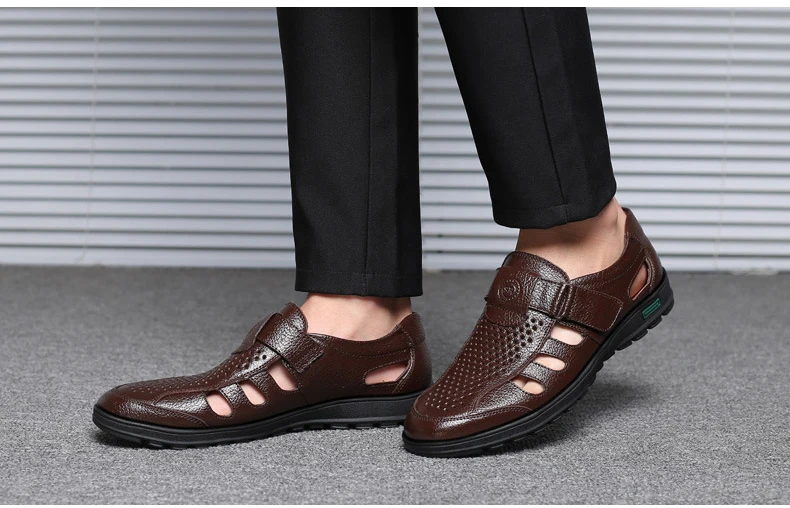 OUDINIAO Для мужчин обувь Разделение кожа с вырезами мужские сандалии крюк-петля Лето Для мужчин обувь пляжные больших размеров Римские