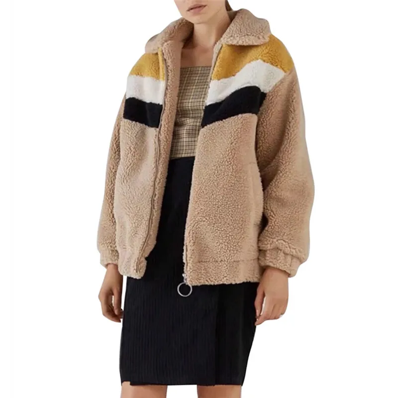 Femmes 40 2018 Peluche Bande En Vestes Épissage Women Veste Vêtements Hiver Épais Fermeture Cardigan Éclair Dropshipping Chaud vent Manteau Coat Coupe vn0w8mON