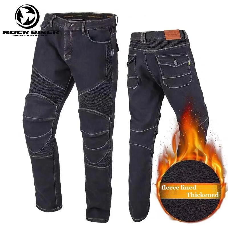 

ROCK BIKER Winter Motorcycle Jeans Men Fleece Lined Off Road Motocross Racing Pants Thickened Elastic Motorbike Riding Trousers