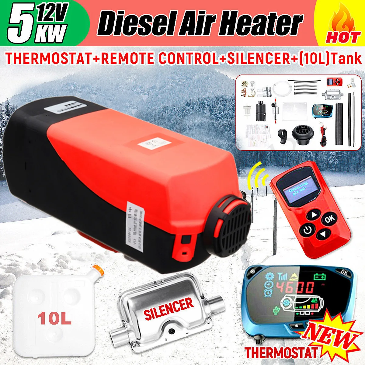 

12V 5KW Dieses Air Parking Heater 5000W LCD Monitor with New Remote Switch and Silencer Car Trucks Boats