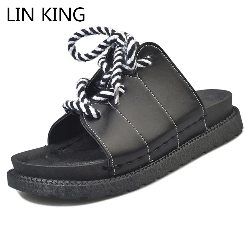 

LIN KING Black Lace Up Women Sandals Comfortable Thick Sole Summer Sandalias Soild Flats Slides Students Outdoor Beach Shoes