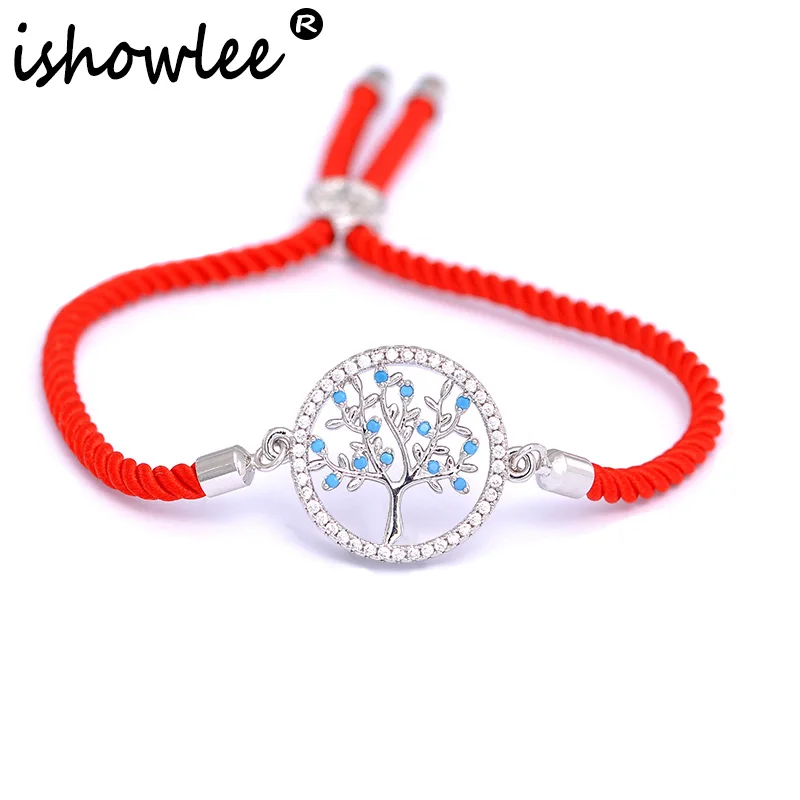 

ISHOWLEE Silver Tree of Life Lucky Fashion Charm Bracelets Woman Men Couples Zircon Red Thread Bracelet Luxe Brand Jewelry sla04
