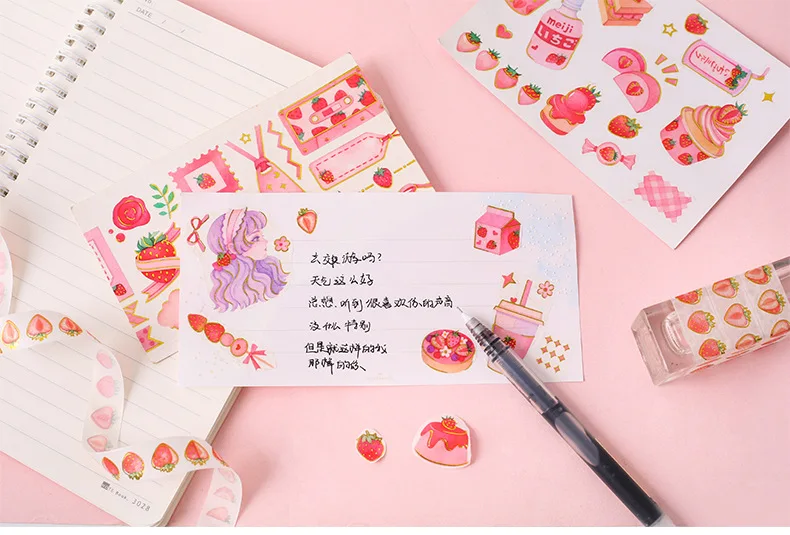 Cute Strawberry Party Series Bullet Journal gold Washi Tape Decorative Adhesive Tape DIY Scrapbooking Sticker Label Stationery