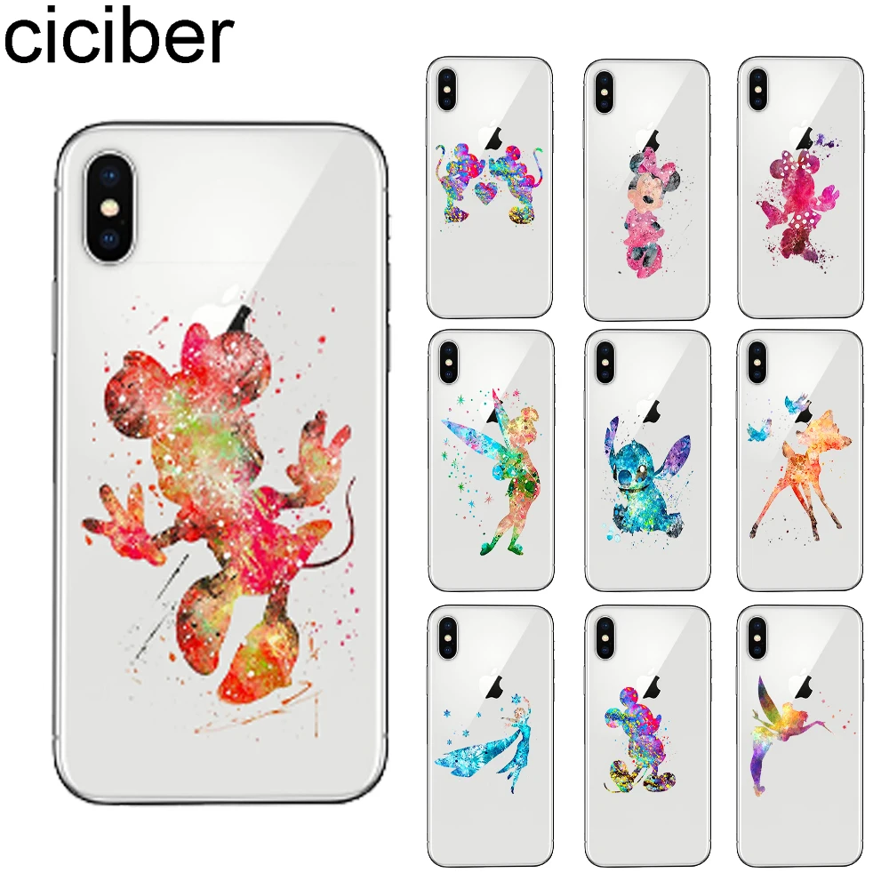 

ciciber Watercolor Cartoon Elsa Mickey Mouse for IPhone 7 6 6S 8 Plus 5S SE X XR XS Max Soft Silicon Phone Case Cover Capinha