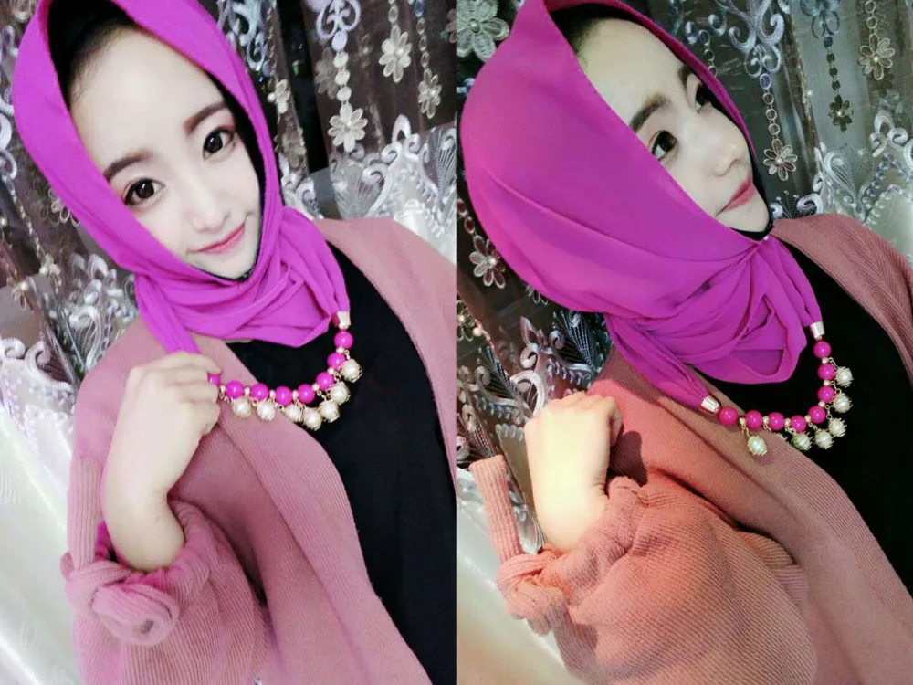 [RUNMEIFA] 2018 модные женские туфли одноцветное Цвет шелковый шарф Украшенные жемчугом ожерелье из шифона шарфы Новая девушка мусульманский