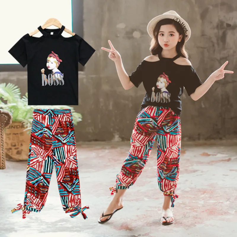 

2019 Summer Black Retro Girls Clothing Sets Kids Printed T-shirt +Wide Leg Pants Suits Children Short Sleeve Baby Girl Clothes