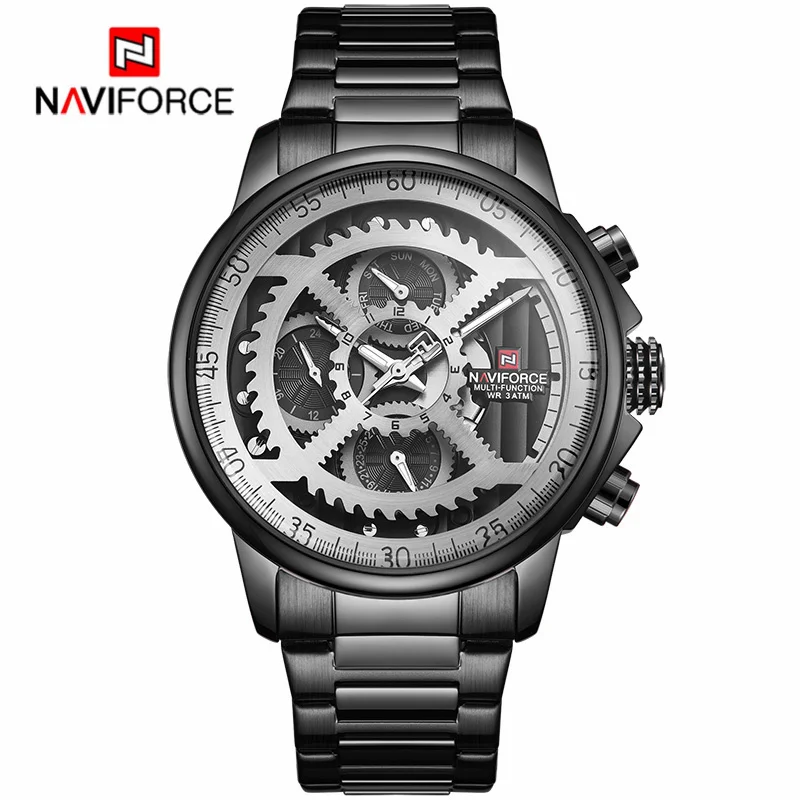 Black Silver NAVIFORCE Топ люксовый бренд Модные золотые кварцевые часы мужские спортивные часы мужские стальные водонепроницаемые наручные часы Relogio Masculino - Цвет: Black Silver
