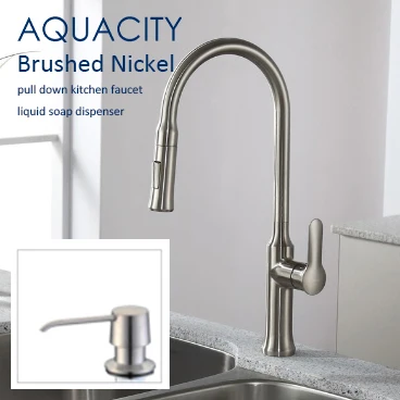 AQUACITY Pull Down Kitchen Faucet Brushed Nickel and Liquid Soap Dispenser