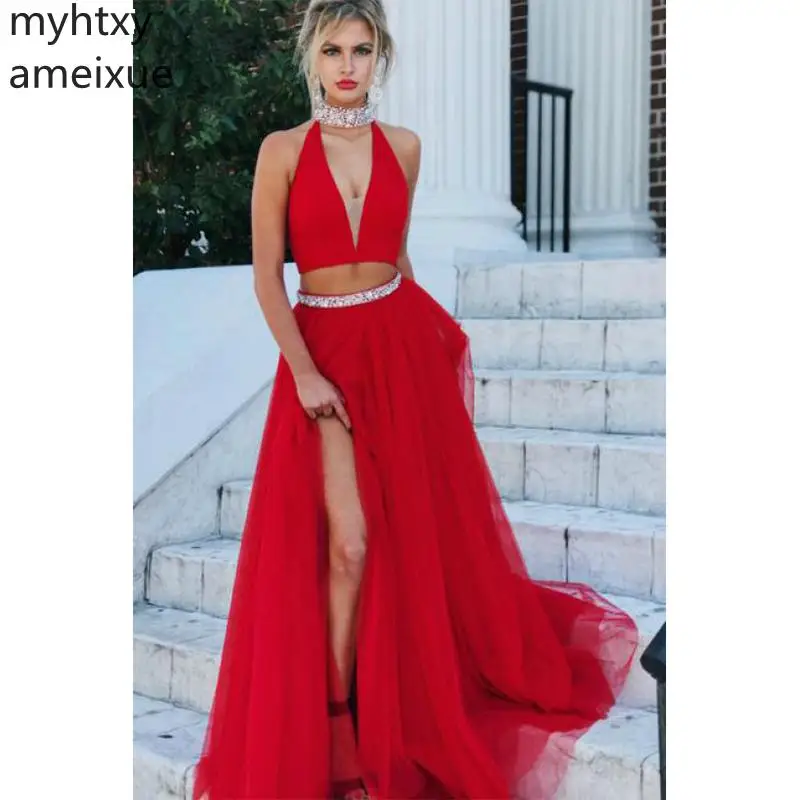 

2019 Sexy Red Evening Dresses A-line Floor Length Side Split Backless Sweep Train Evening Gowns Custom Made Robe De Soiree