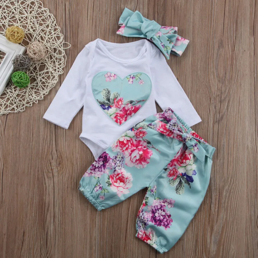 Spring Newborn Baby Girls Clothes Sets Love Tops Bodysuit Long Sleeve Floral Pants Headbands 3pcs Cotton Outfits Clothing Set (8)