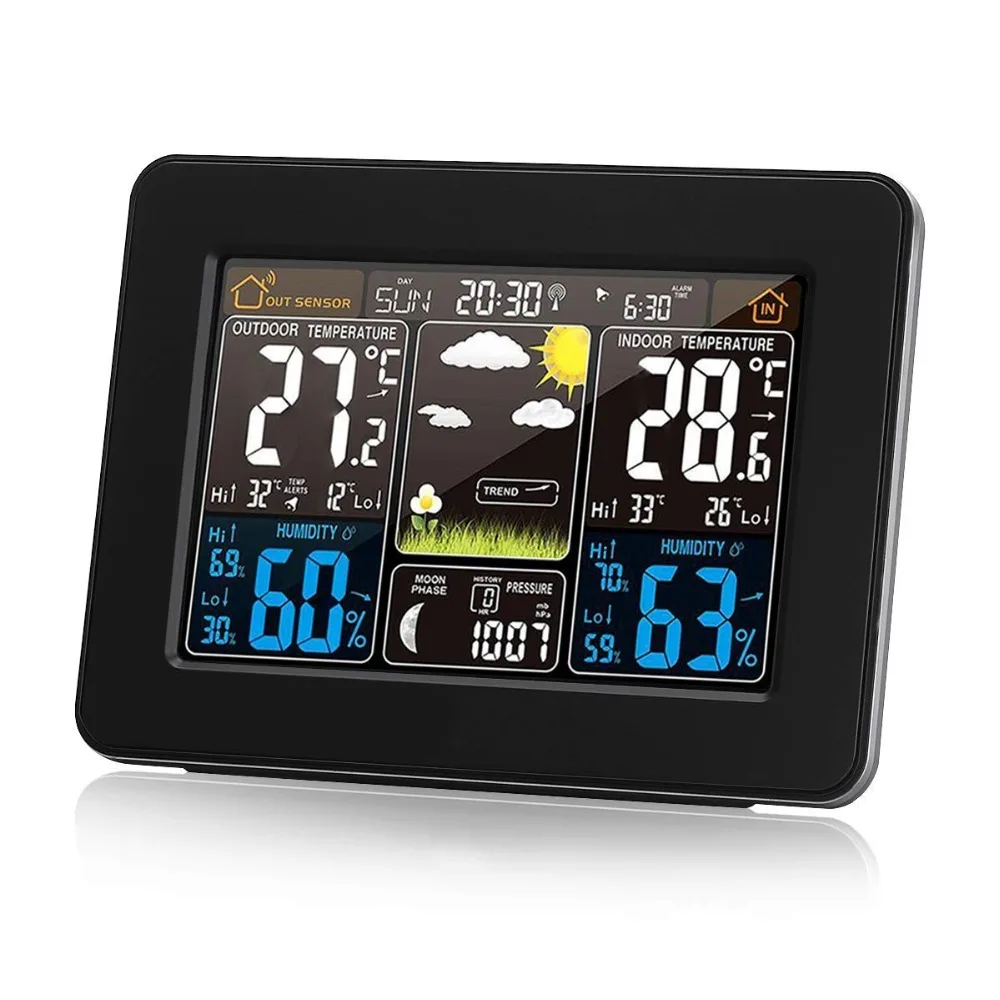 

Thermometer Wireless Weather Station With Temperature Humidity Sensor Display Colorful LCD Weather Forecast Snooze Alarm Clock
