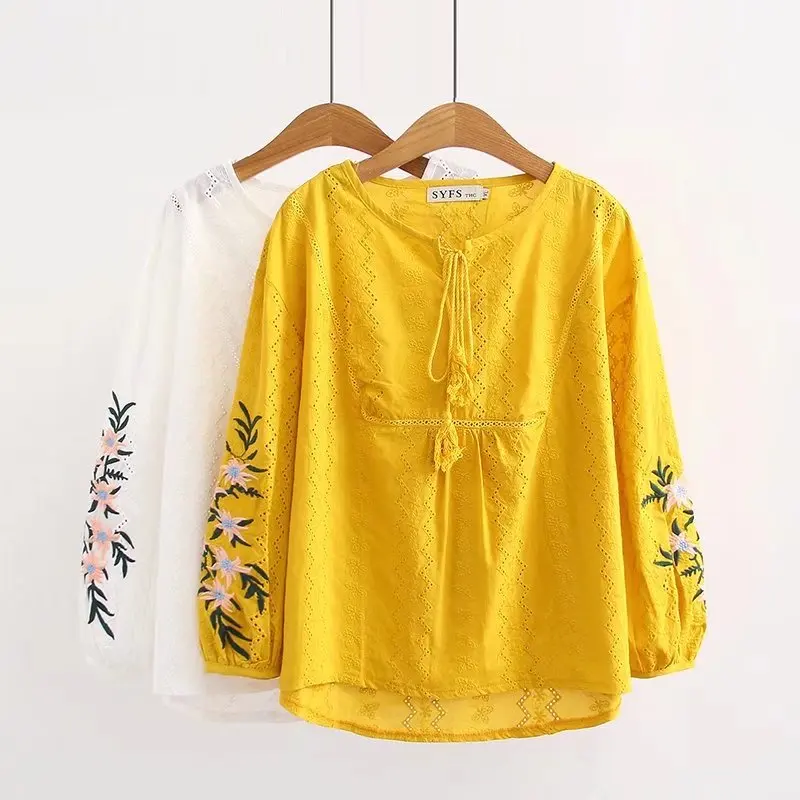 

Plus size loose casual women tee shirt floral Embroidered cotton women summer t-shirt 2018 white & yellow ladies t shirt femme