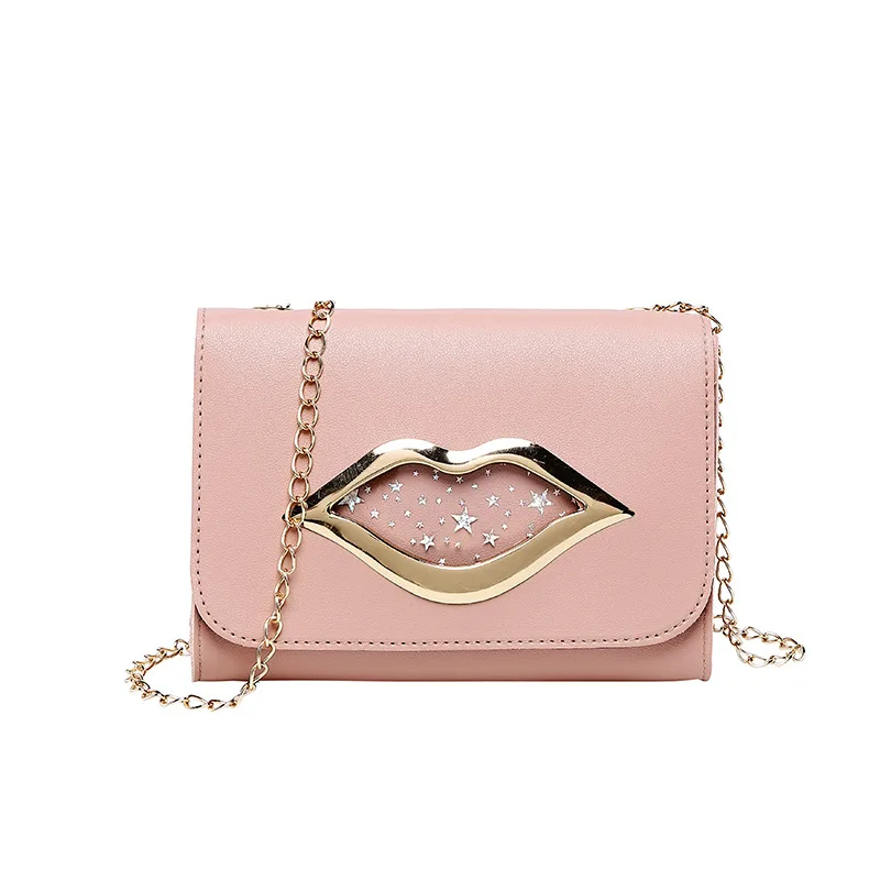 

2019 summer new single shoulder slung star sequins hardware red lip chain ladies mini fashion small square bag
