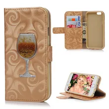 New 3D Wine Glass Quicksand Leather Phone Cases For iPhone 7 Plus 6 6s Plus 5 5s Luxury Wallet Flip Case Cover Liquid Shell B65