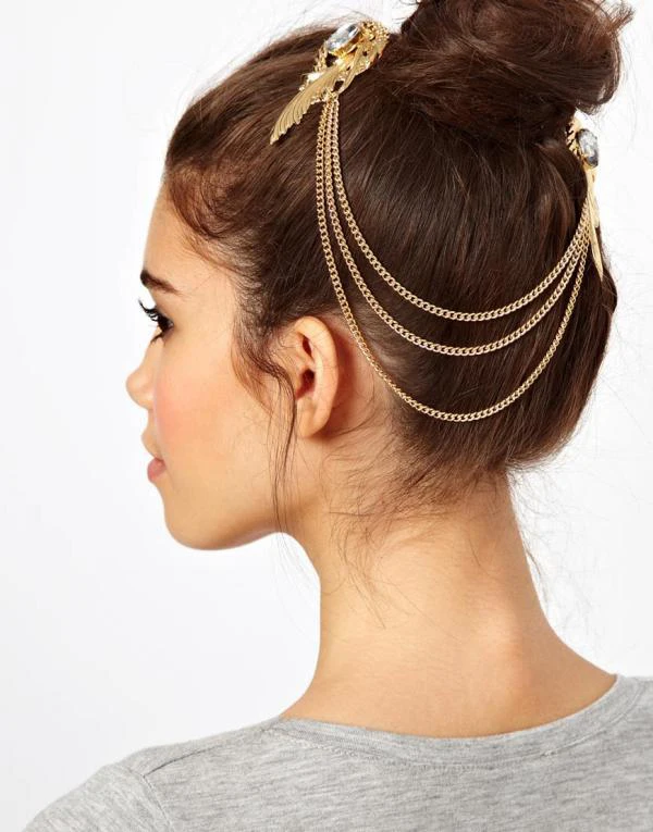 

SHUANGR Gold Color Crystal Feather Charms Hair Brooch Clip Pin Cuff Chain Head Band Hair Jewelry for Women Girls Christmas Gift