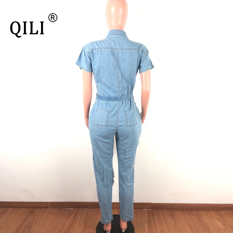 QILI Осенняя женская джинсовая одежда комбинезоны модные комбинезоны с вырезами Короткие рукава пуговицы джинсы комбинезон женские s комбинезоны