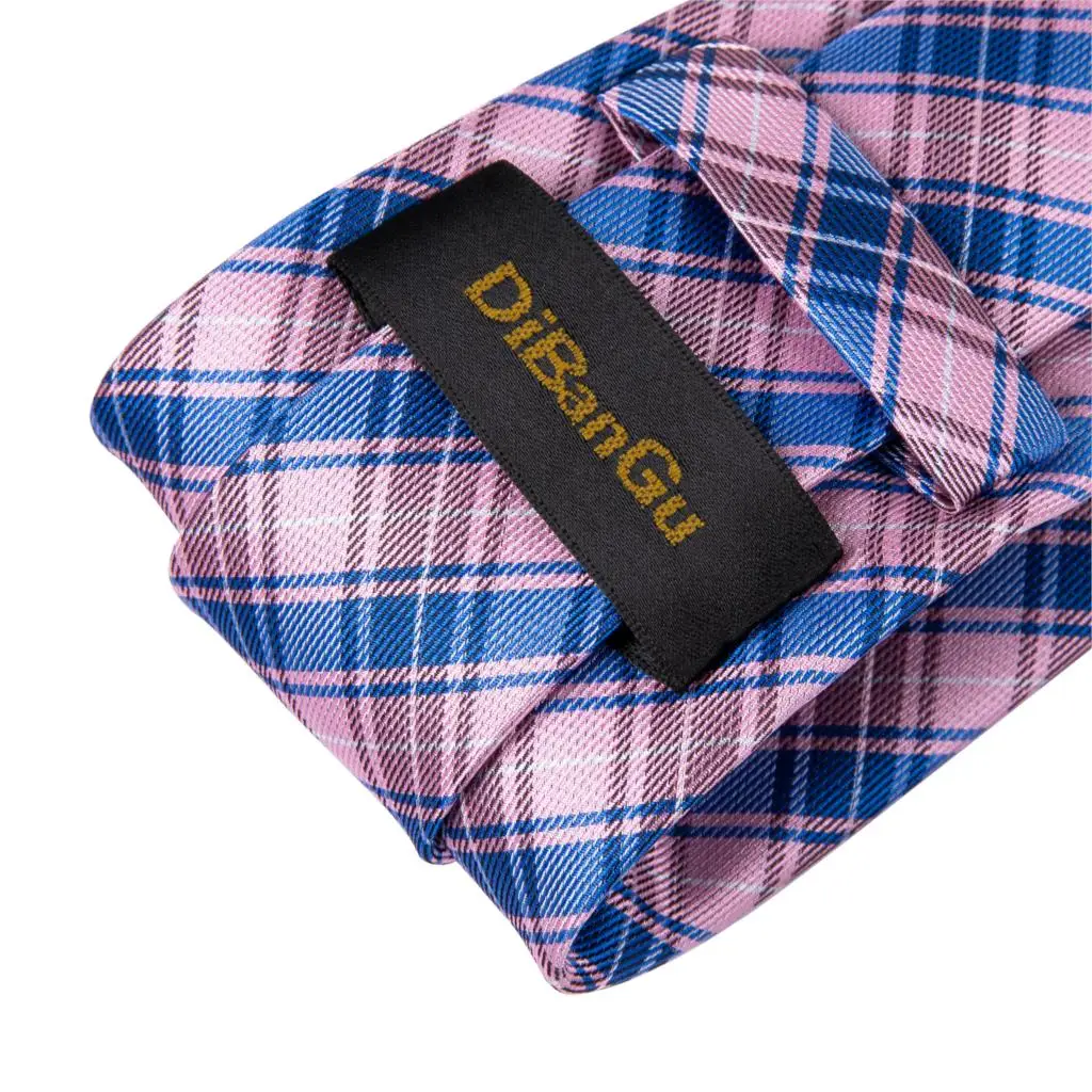 DiBanGu розовый синий клетчатый галстук шелк 160 см галстук носовой платок запонки галстук для мужчин деловые Свадебные вечерние мужские галстуки Набор MJ-7516