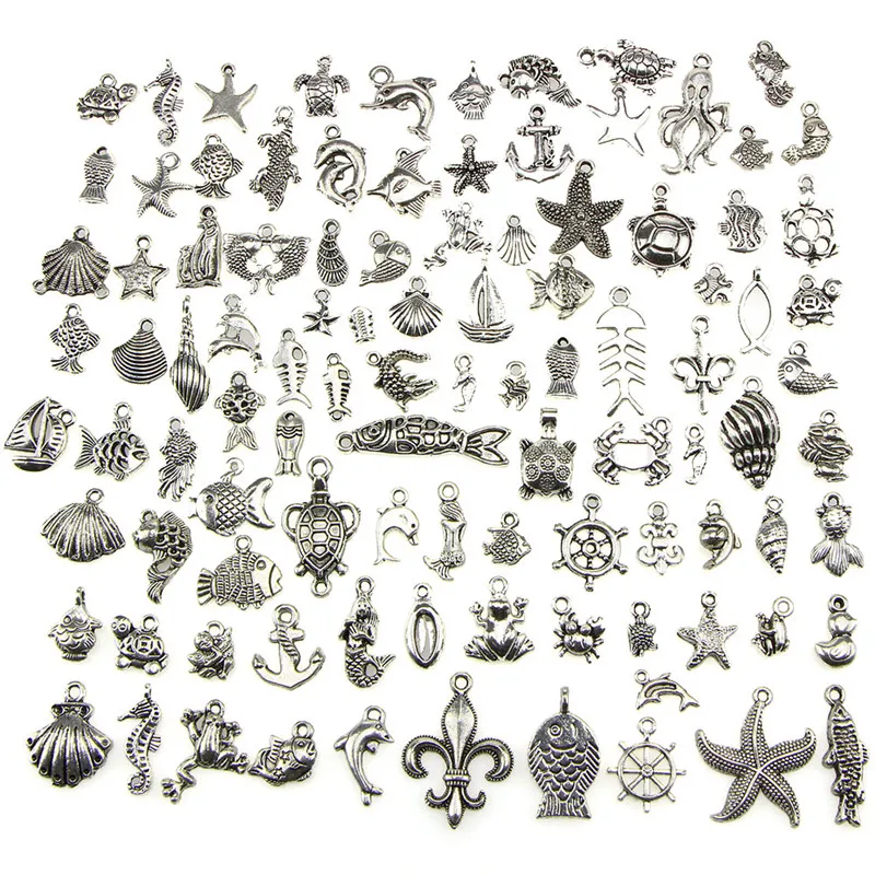 

Wholesale 1 Bag Mix Butterfly Heart Horse Cross Vintage Silver Dangle Charms Jewelry DIY Findings Fit European Bracelet