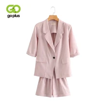 GOPLUS New Short Suits Notched Collar Blazer Jacket Shorts Set Women Pant Suits Office Lady Work Suits 2019 Casual 2 Pieces Set