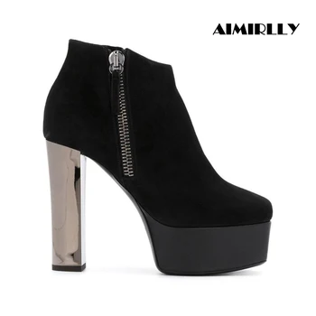 

Sexy Women Round Toe High Heel Platform Ankle Boots Chunky Heel Side Zipper Booites Evening Party Shoes Black Size 4-15.5
