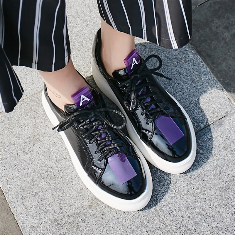 FEDONAS Women Patent Leather Platforms Flats New Spring Autumn Shoes Woman Fashion Round Toe Lace Up Casual Female Sneakers